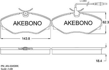 Akebono AN-4345WK - Bremžu uzliku kompl., Disku bremzes adetalas.lv