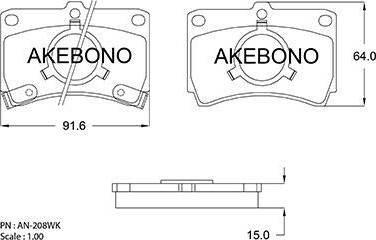 Akebono AN-208WK - Bremžu uzliku kompl., Disku bremzes adetalas.lv