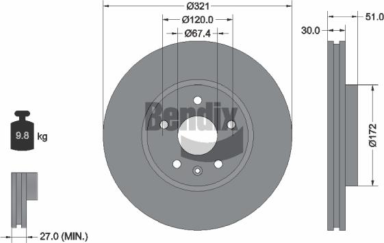 BENDIX Braking BDS1176HC - Bremžu diski adetalas.lv