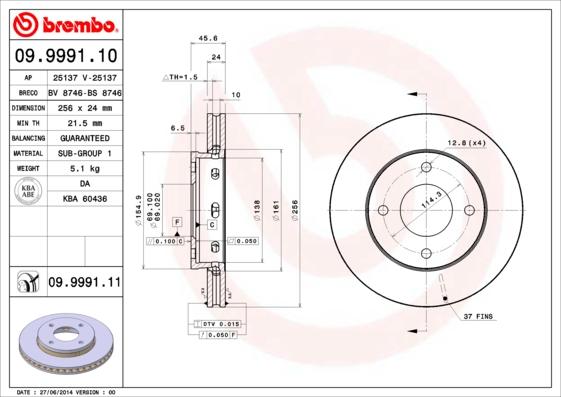 Brembo 09.9991.10 - Bremžu diski adetalas.lv