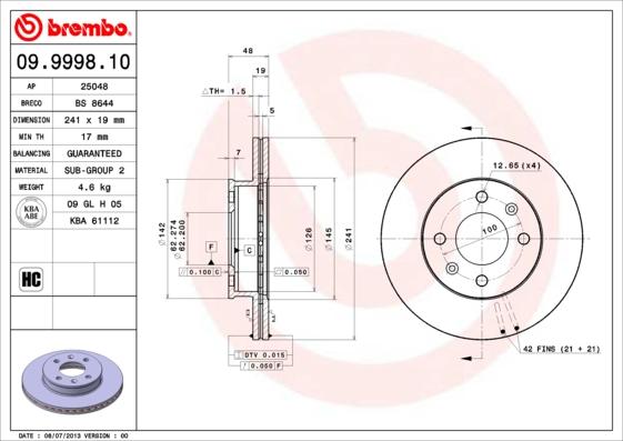 Brembo 09.9998.10 - Bremžu diski adetalas.lv