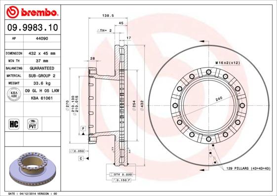 Brembo 09.9983.10 - Bremžu diski adetalas.lv