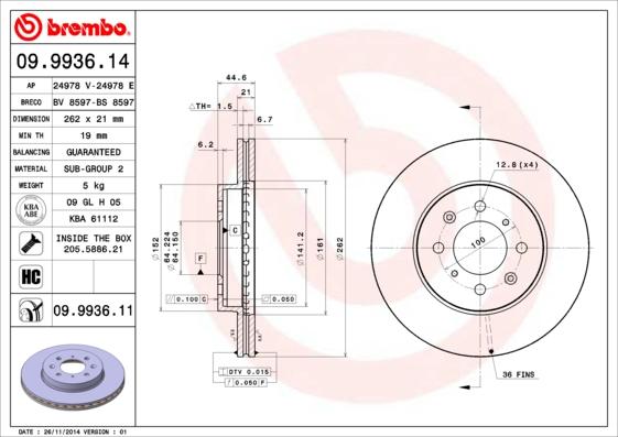 Brembo 09.9936.14 - Bremžu diski adetalas.lv