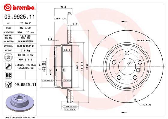 Brembo 09.9925.11 - Bremžu diski adetalas.lv