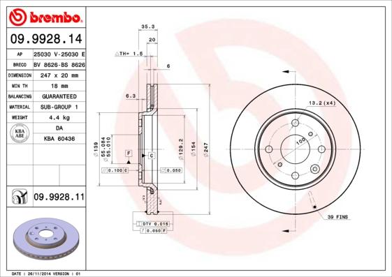 Brembo 09.9928.14 - Bremžu diski adetalas.lv