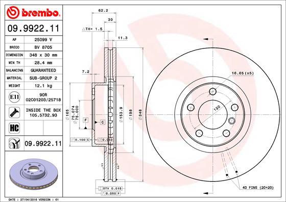 Brembo 09.9922.11 - Bremžu diski adetalas.lv