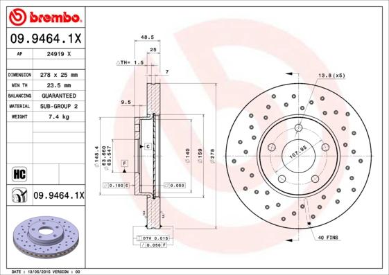 Brembo 09.9464.1X - Bremžu diski adetalas.lv