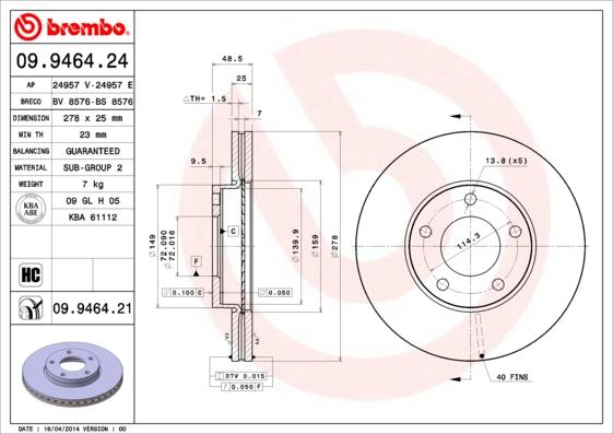 Brembo 09.9464.21 - Bremžu diski adetalas.lv