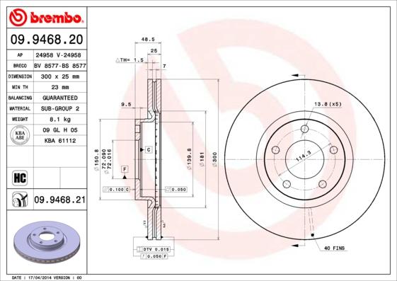 Brembo 09.9468.20 - Bremžu diski adetalas.lv