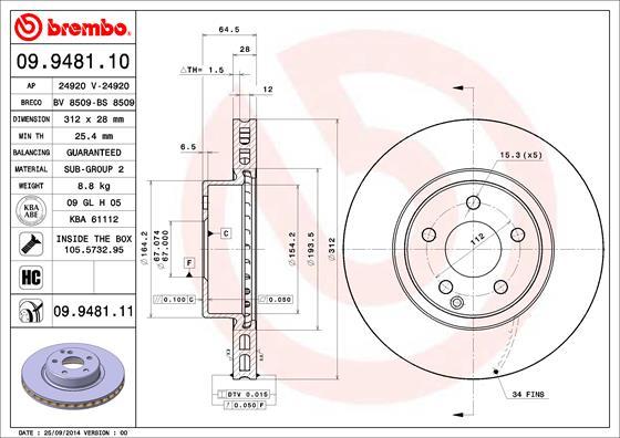 Brembo 09.9481.11 - Bremžu diski adetalas.lv