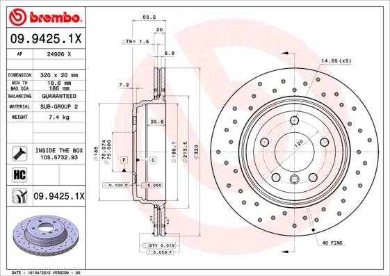 Brembo 09.9425.1X - Bremžu diski adetalas.lv