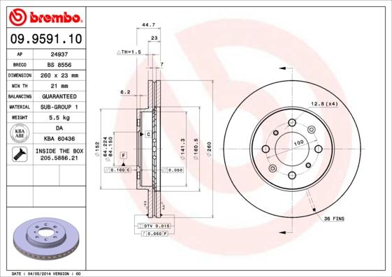 Brembo 09.9591.10 - Bremžu diski adetalas.lv