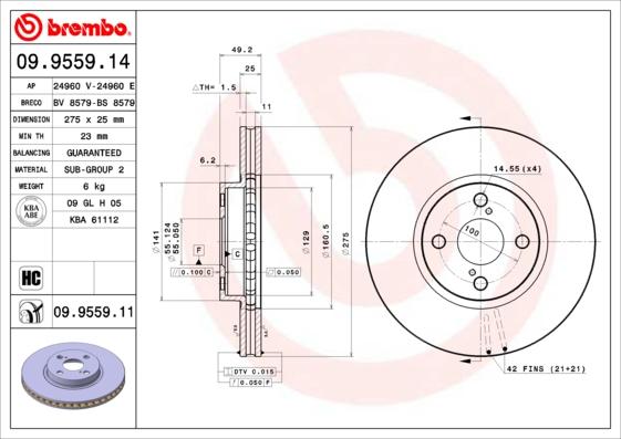 Brembo 09.9559.14 - Bremžu diski adetalas.lv