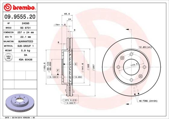 Brembo 09.9555.20 - Bremžu diski adetalas.lv