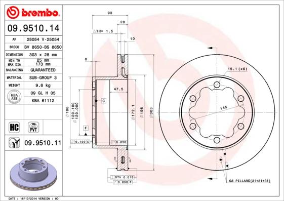 Brembo 09.9510.11 - Bremžu diski adetalas.lv