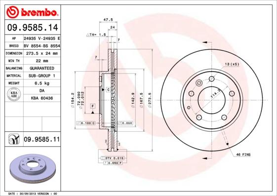 Brembo 09.9585.14 - Bremžu diski adetalas.lv