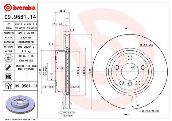 Brembo 09.9581.14 - Bremžu diski adetalas.lv