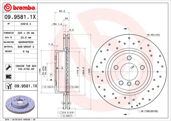 Brembo 09.9581.1X - Bremžu diski adetalas.lv