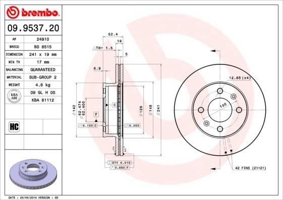 Brembo 09.9537.20 - Bremžu diski adetalas.lv