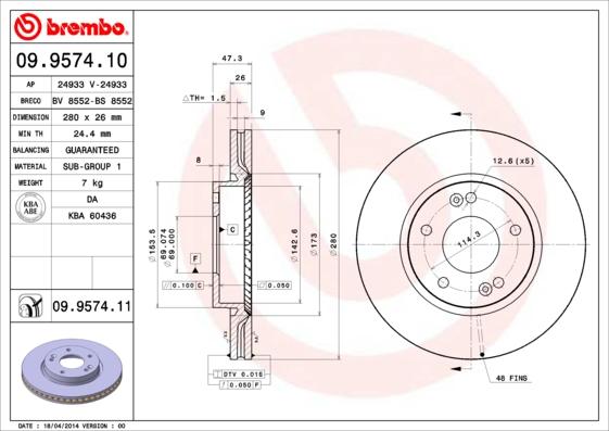 Brembo 09.9574.11 - Bremžu diski adetalas.lv