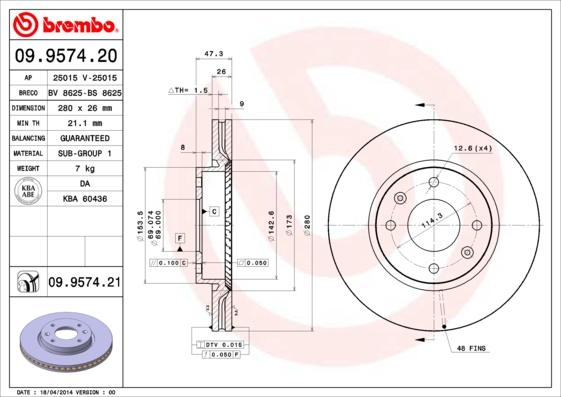 Brembo 09.9574.21 - Bremžu diski adetalas.lv