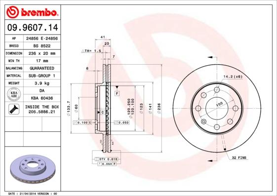 Brembo 09.9607.14 - Bremžu diski adetalas.lv