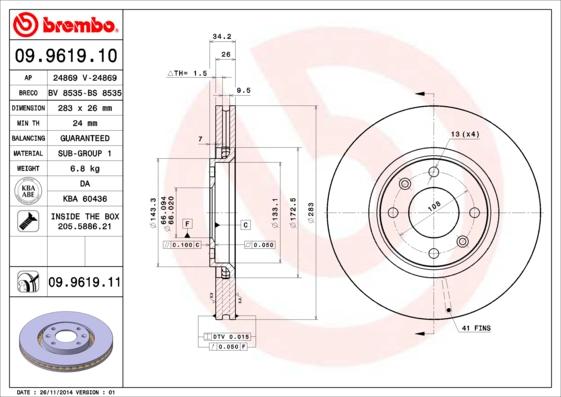 Brembo 09.9619.11 - Bremžu diski adetalas.lv