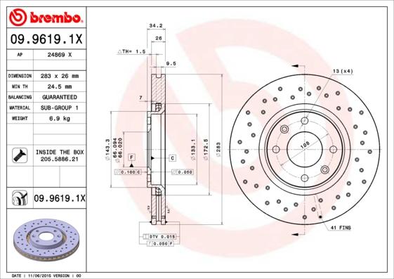 Brembo 09.9619.1X - Bremžu diski adetalas.lv