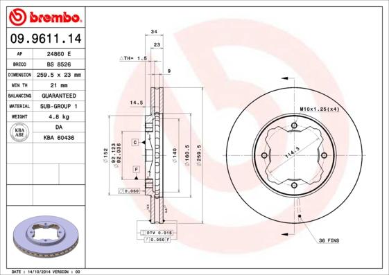 Brembo 09.9611.14 - Bremžu diski adetalas.lv