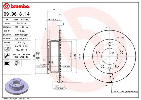 Brembo 09.9618.14 - Bremžu diski adetalas.lv