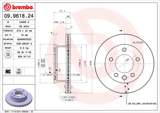 Brembo 09.9618.24 - Bremžu diski adetalas.lv