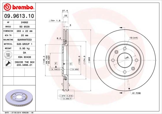 Brembo 09.9613.10 - Bremžu diski adetalas.lv