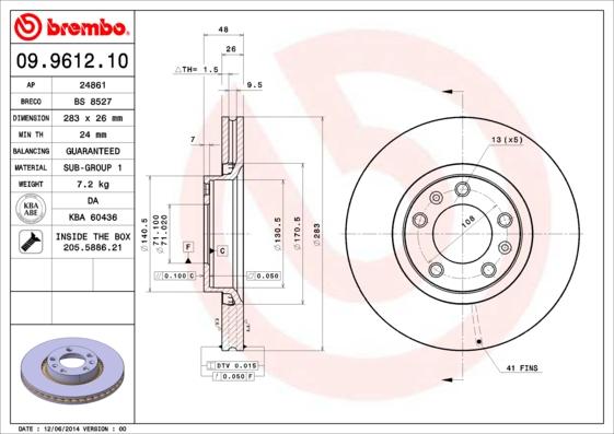 Brembo 09.9612.10 - Bremžu diski adetalas.lv