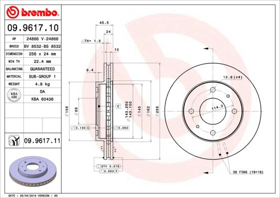 Brembo 09.9617.11 - Bremžu diski adetalas.lv