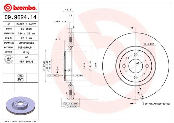 Brembo 09.9624.14 - Bremžu diski adetalas.lv