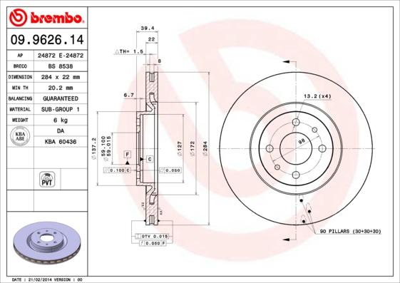 Brembo 09.9626.14 - Bremžu diski adetalas.lv