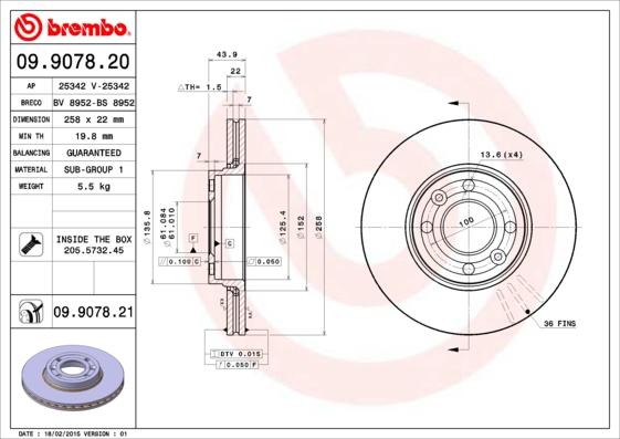 Brembo 09.9078.20 - Bremžu diski adetalas.lv