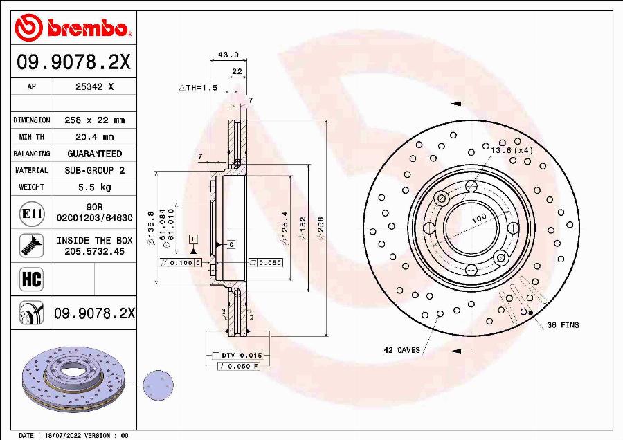 Brembo 09.9078.2X - Bremžu diski adetalas.lv