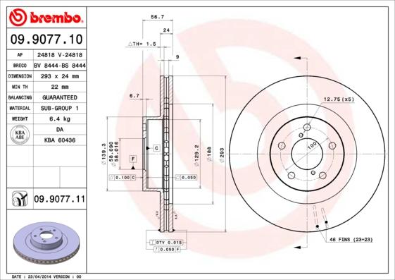 Brembo 09.9077.11 - Bremžu diski adetalas.lv