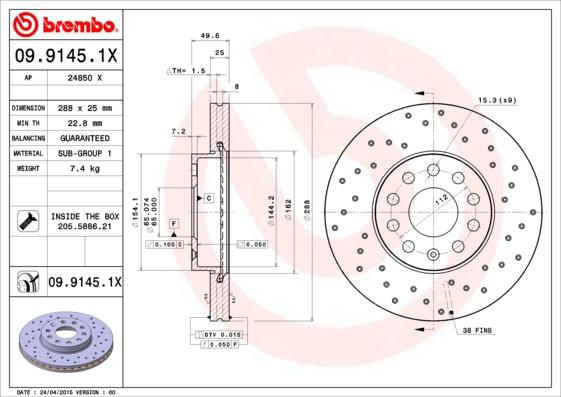 Brembo 09.9145.1X - Bremžu diski adetalas.lv