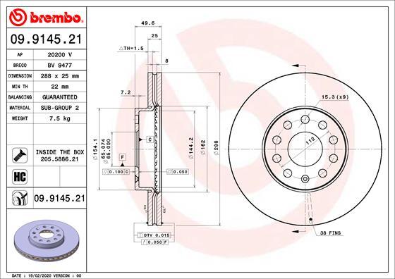 Brembo 09.9145.21 - Bremžu diski adetalas.lv