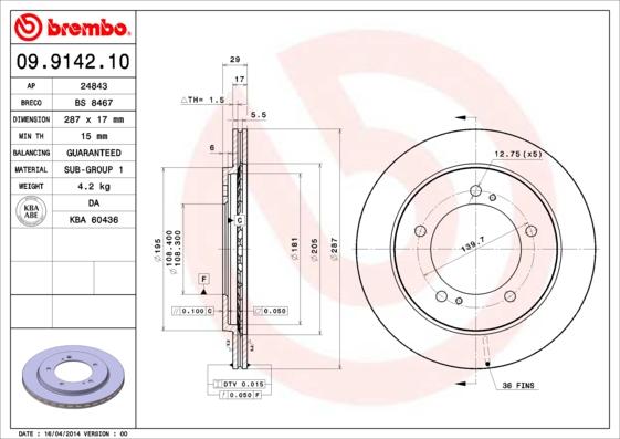 Brembo 09.9142.11 - Bremžu diski adetalas.lv