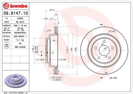 Brembo 09.9147.10 - Bremžu diski adetalas.lv