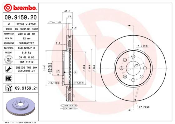 Brembo 09.9159.21 - Bremžu diski adetalas.lv