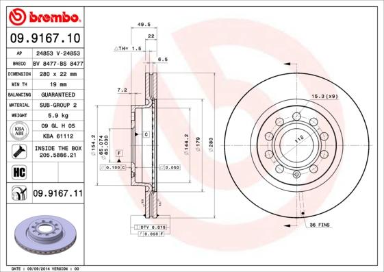 Brembo 09.9167.10 - Bremžu diski adetalas.lv