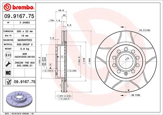 Brembo 09.9167.75 - Bremžu diski adetalas.lv