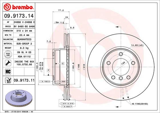 Brembo 09.9173.14 - Bremžu diski adetalas.lv