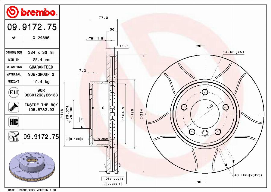 Brembo 09.9172.75 - Bremžu diski adetalas.lv