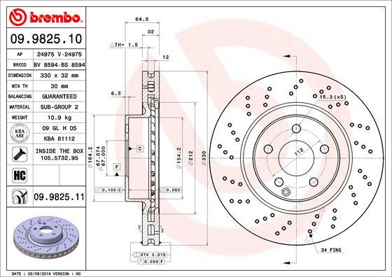 Brembo 09.9825.10 - Bremžu diski adetalas.lv