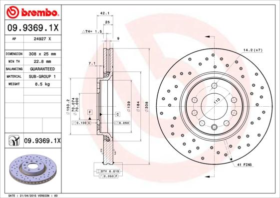 Brembo 09.9369.1X - Bremžu diski adetalas.lv